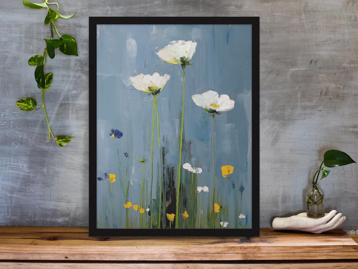 White Wildflowers On Blue Abstract Minimalist Floral Art Poster - Image 4