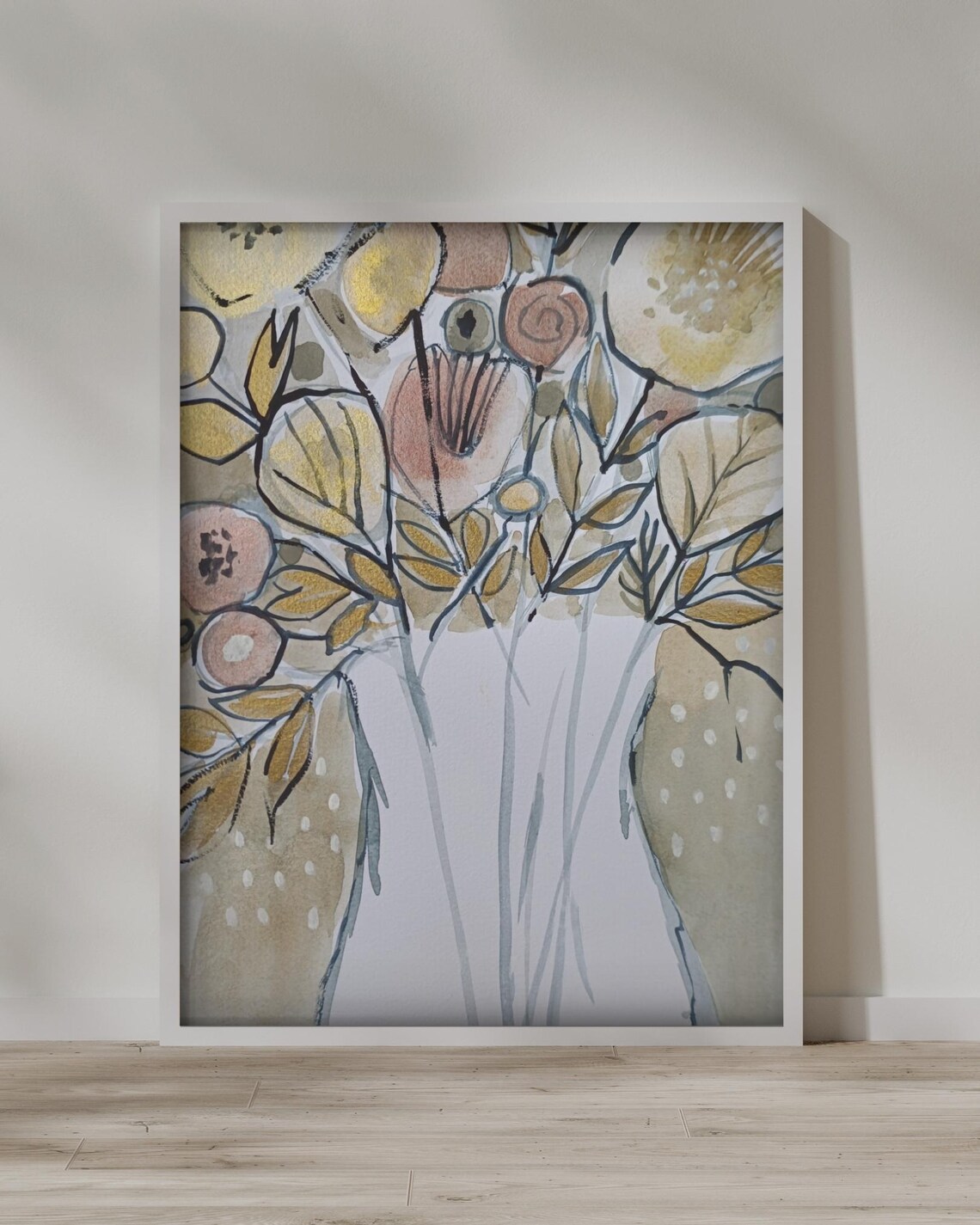 Soft Gold and Rose Botanicals in White Vase Serene Watercolor Poster - Image 2