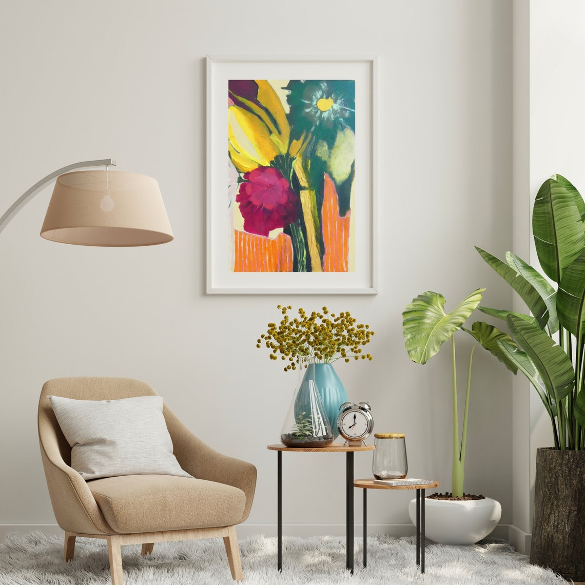 Bold Yellow Tulips And Red Poppy Modern Floral Art Wall Poster - Image 2
