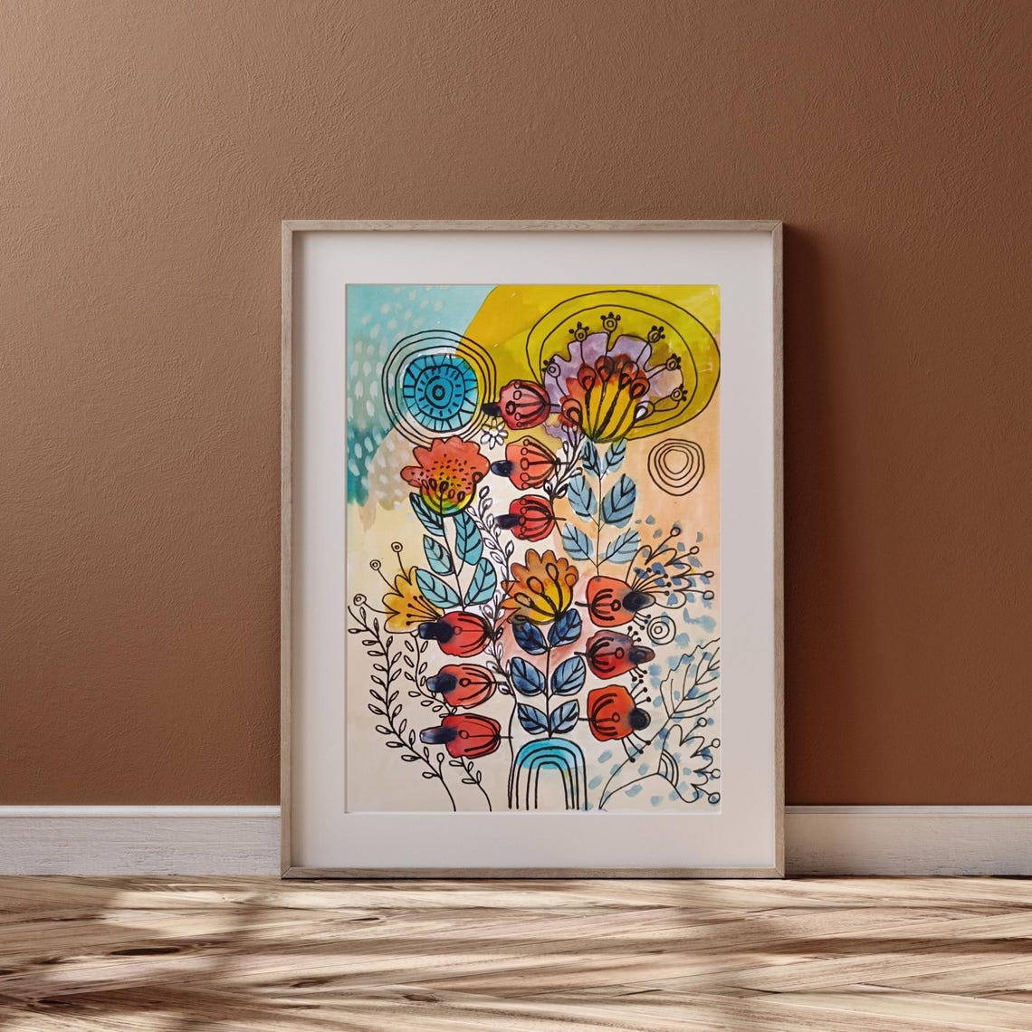 Whimsical Doodle Garden Red Tulips and Big Yellow Sun Art Poster - Image 3