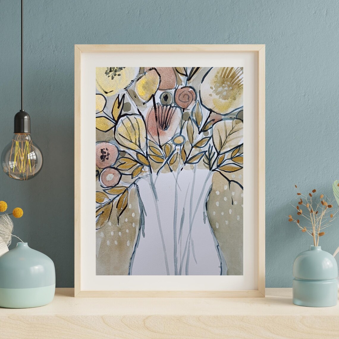 Soft Gold and Rose Botanicals in White Vase Serene Watercolor Poster