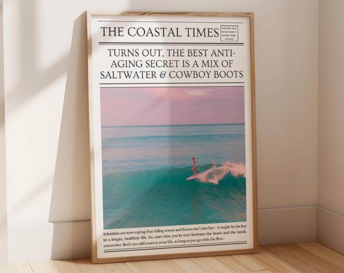Coastal Times Saltwater and Cowboy Boots Surfer Sunset Newspaper Poster