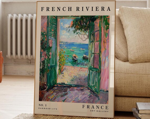 French Riviera France Harbor Travel Poster Impressionist Coastal Painting Art