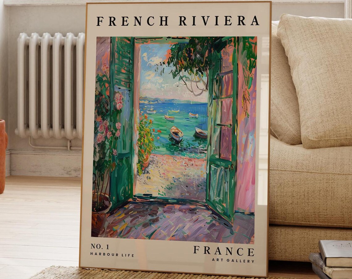 French Riviera France Harbor Travel Poster Impressionist Coastal Painting Art