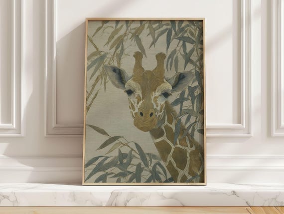 Soft Vintage Giraffe Art Print Wildlife Animal Poster For Safari Nursery And Baby Shower