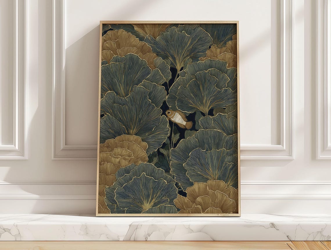 Vintage Japanese Seaweed and Clownfish Navy Beige Ocean Style Poster