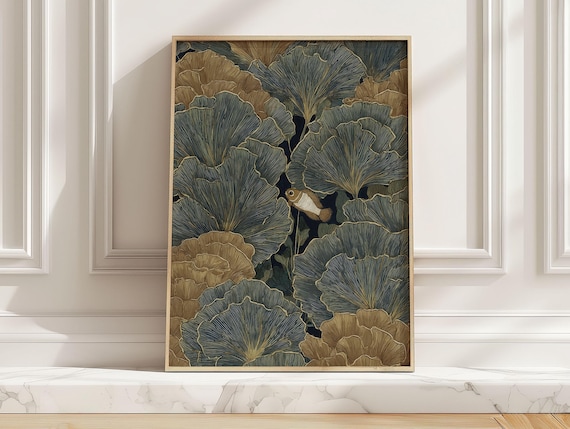 Vintage Japanese Seaweed and Clownfish Navy Beige Ocean Style Poster