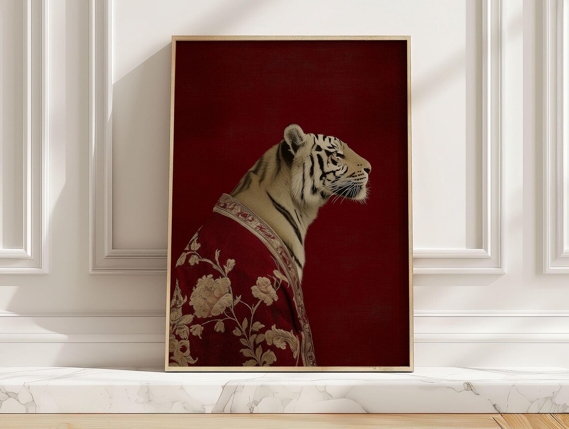 White Tiger Red Robe Poster Embroidered Floral Animal Portrait Room Art