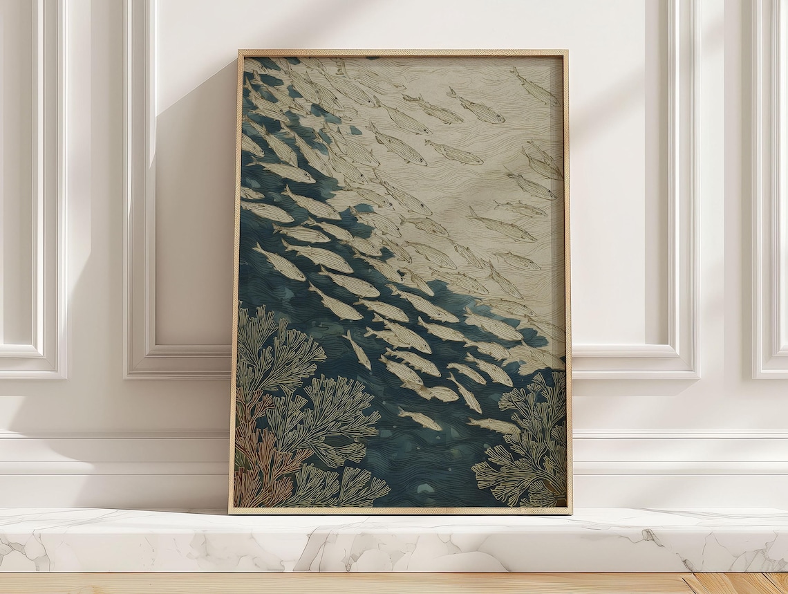Japanese Ocean Fish Scene, Minimalist Poster Print