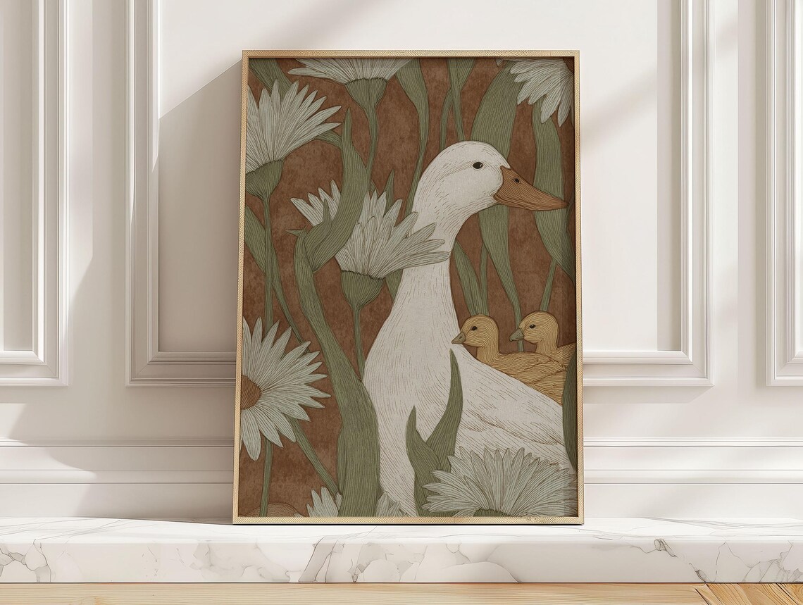 Vintage Duck With Ducklings, Botanical Art Print