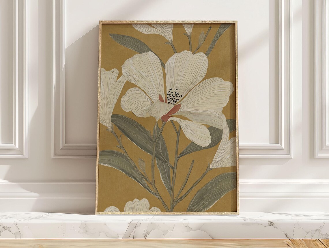 Japanese Cream Lily Blooms, Vintage Botanical Art Print