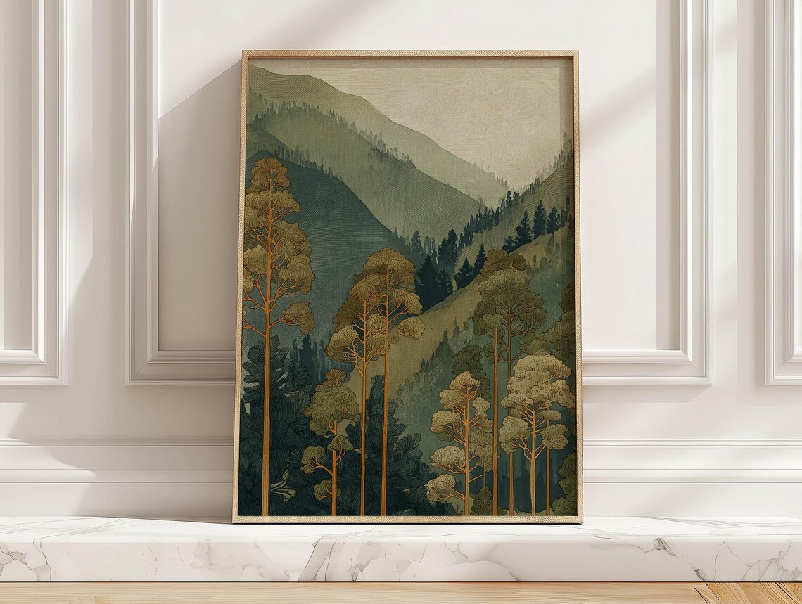 Layered Mountain Landscape, Vintage Japanese Pine Tree Poster