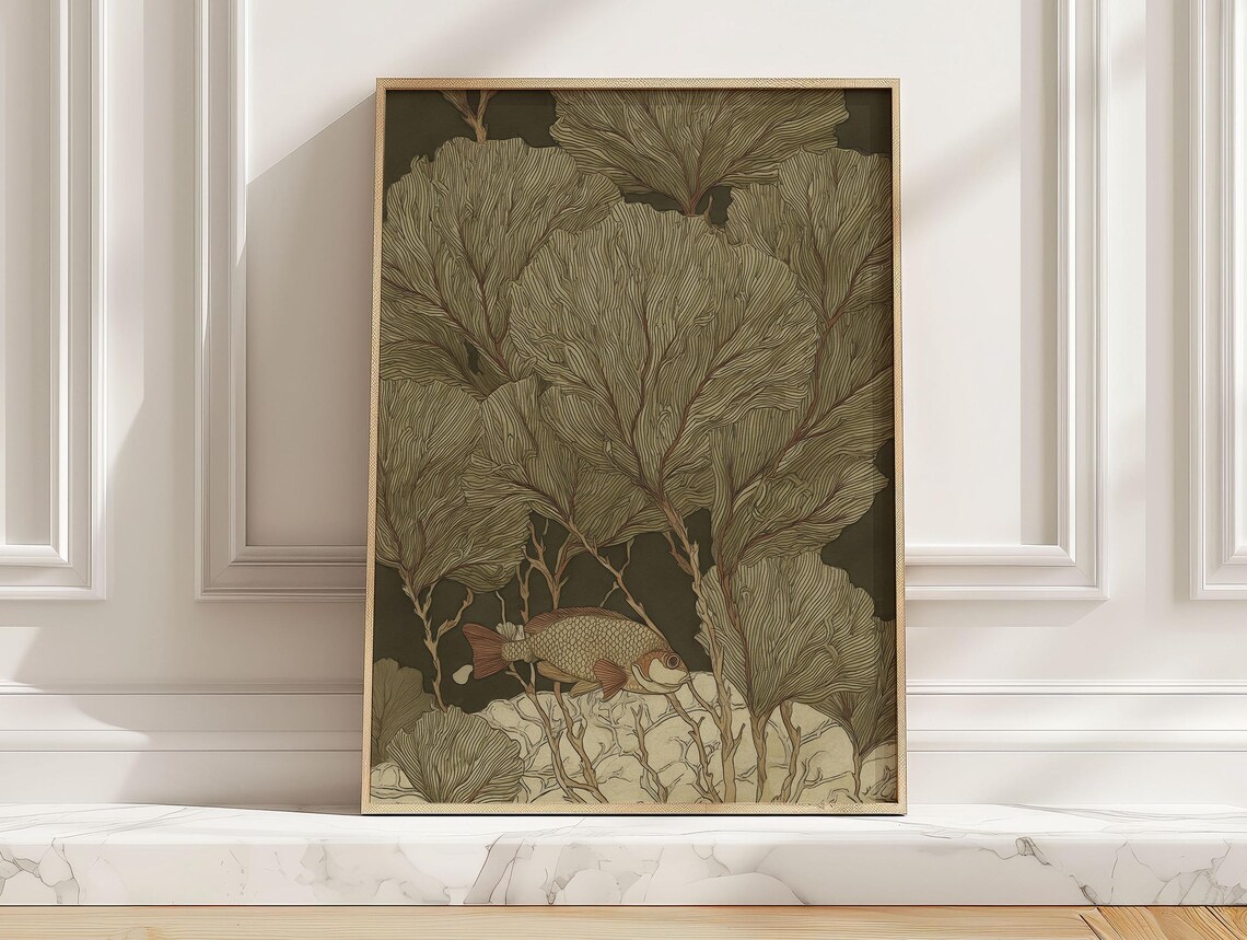 Vintage Fish Seaweed Illustration Olive Coastal Marine Art Poster