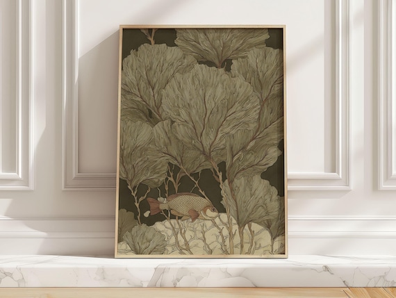 Vintage Fish Seaweed Illustration Olive Coastal Marine Art Poster