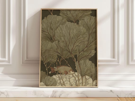Vintage Fish Seaweed Illustration Poster Olive Beige Coastal Beach House Kitchen Art Print Underwater Botanical Wall