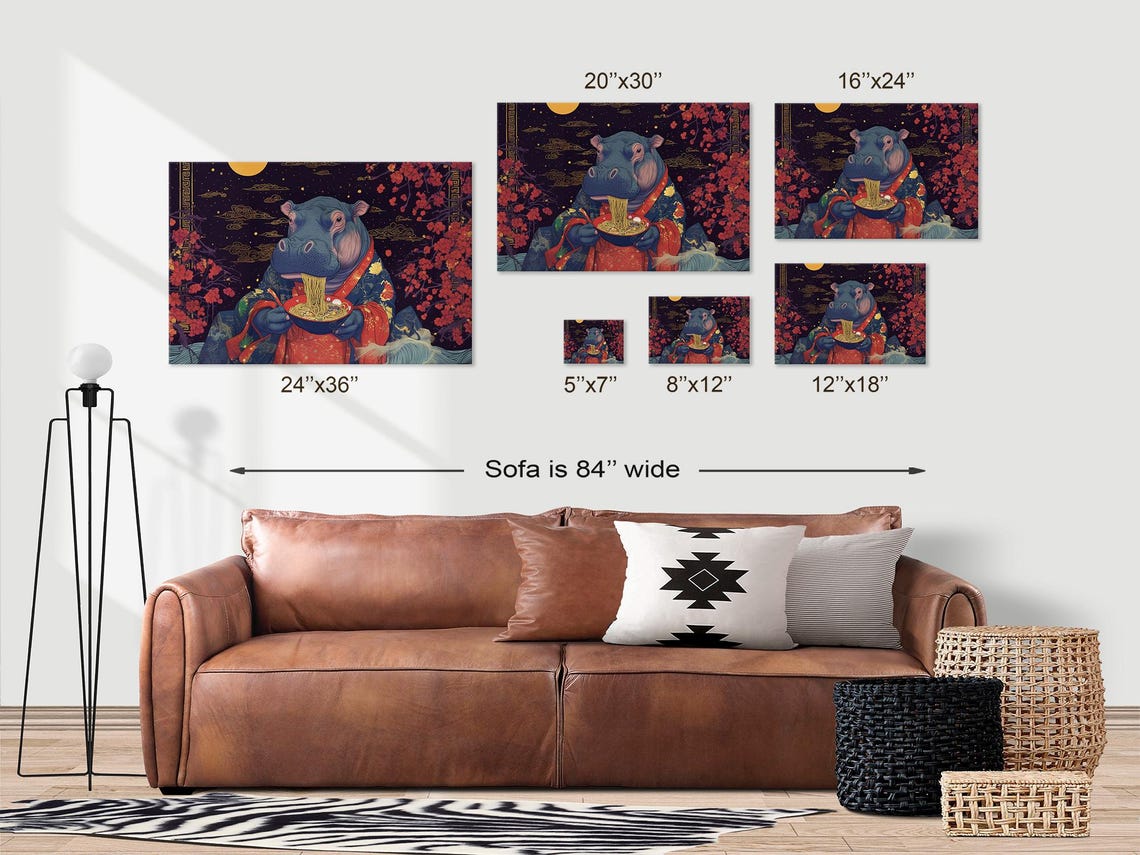 Hippo Eating Ramen in Japanese Woodblock Style Night Scene Poster - Image 3