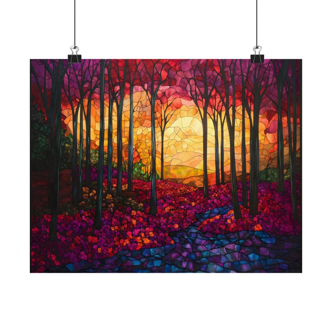 Vivid Stained Glass Autumn Forest At Sunset Jewel Tone Art Poster