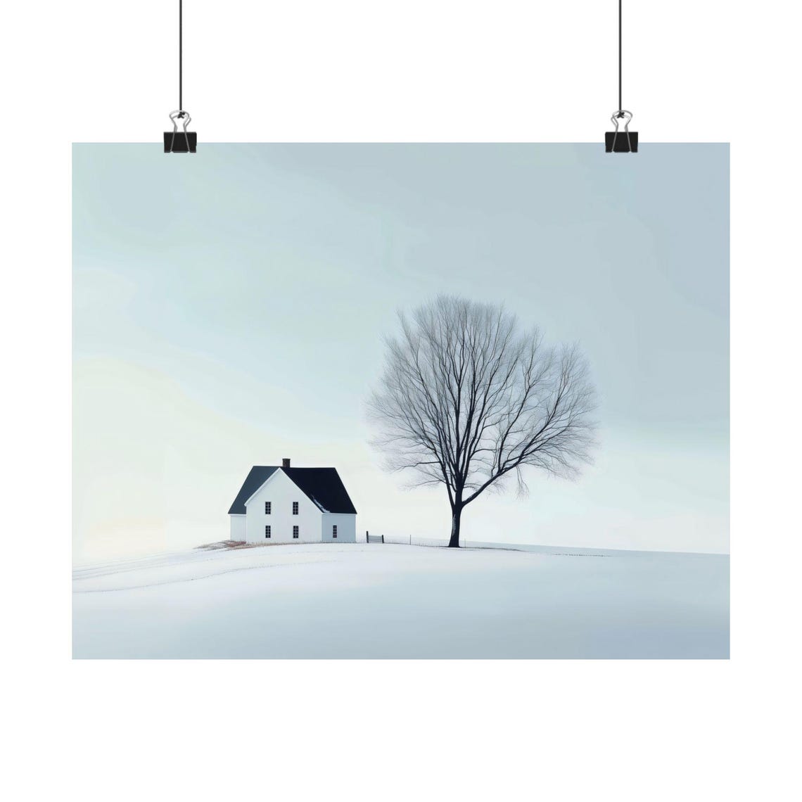 Minimalist White House And Bare Tree On Snowy Hill Winter Poster