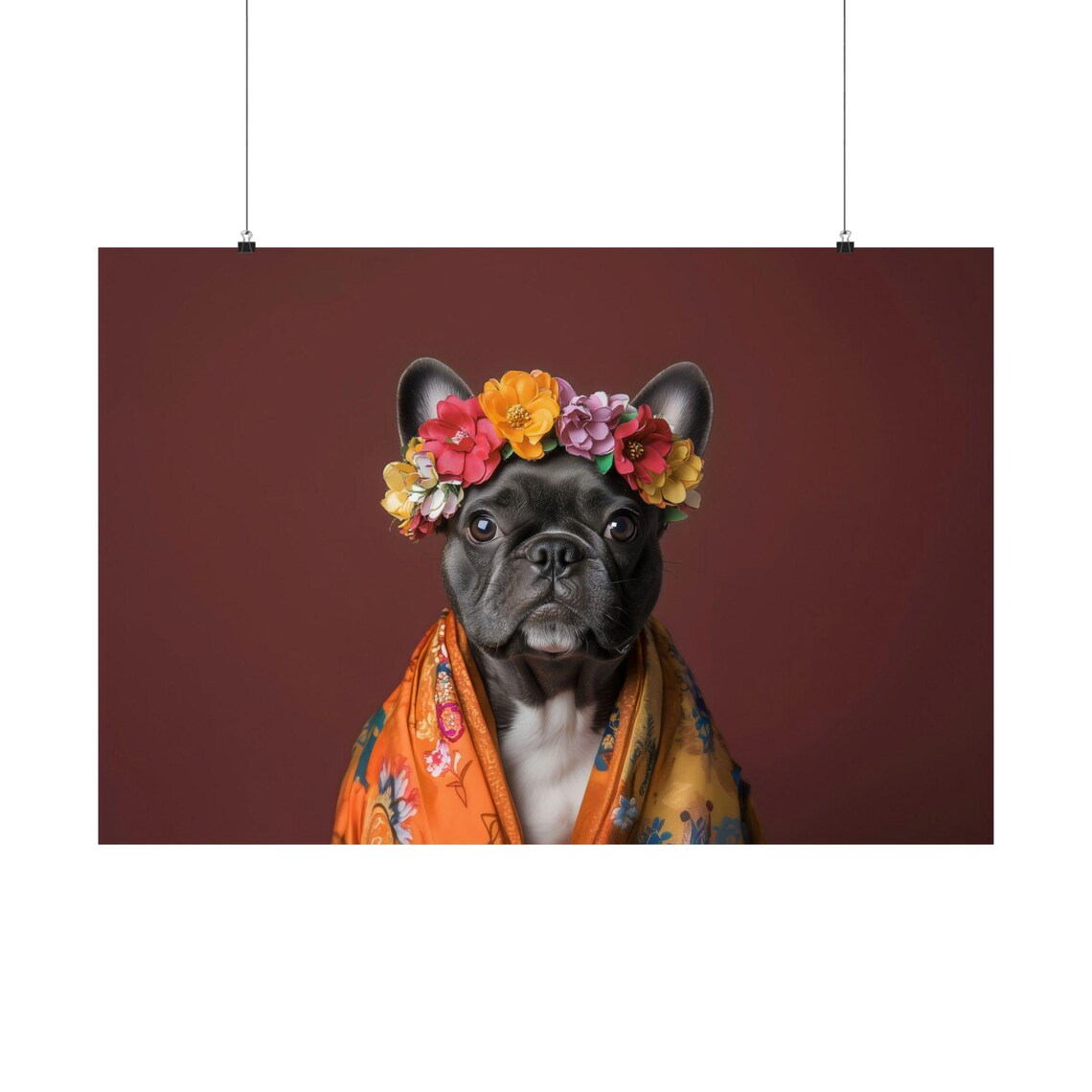 Black French Bulldog Floral Crown Portrait With Kimono Robe Poster - Image 3
