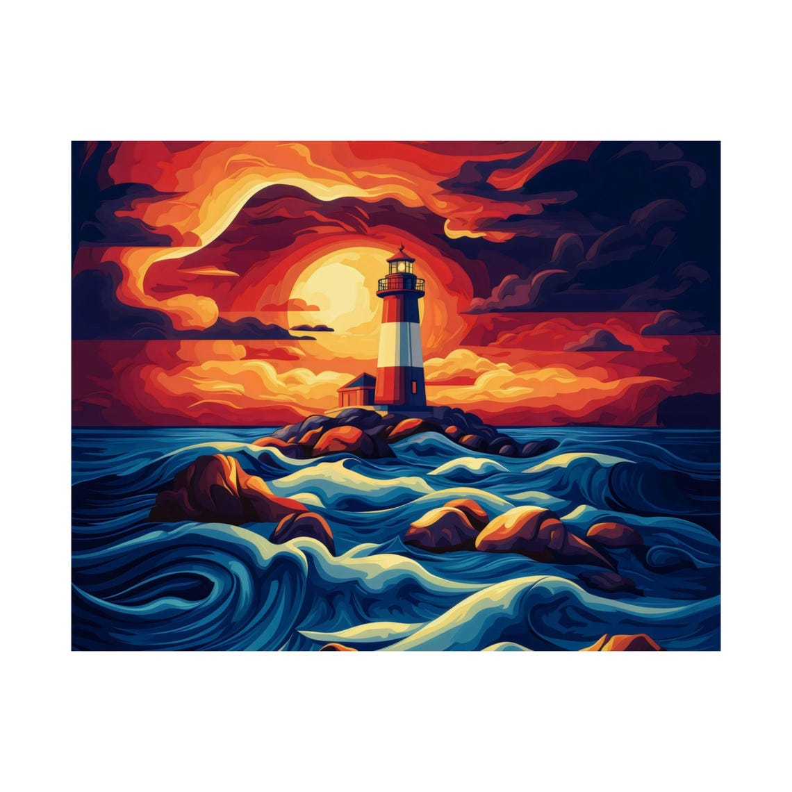 Bold Lighthouse Painting Over Stormy Ocean Sunset Rocks Wall Art - Image 3