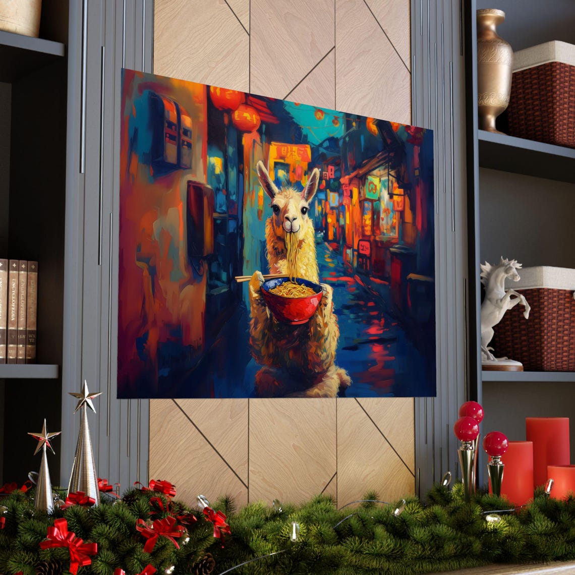 Whimsical Llama Slurping Ramen in a Lantern Lit Alley Poster