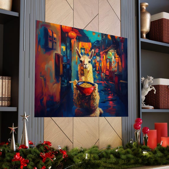 Maximalist Eclectic Ramen Llama Poster Print Bold Altered Animal Portrait Fantasy Fun Colorful Renaissance Rustic Art