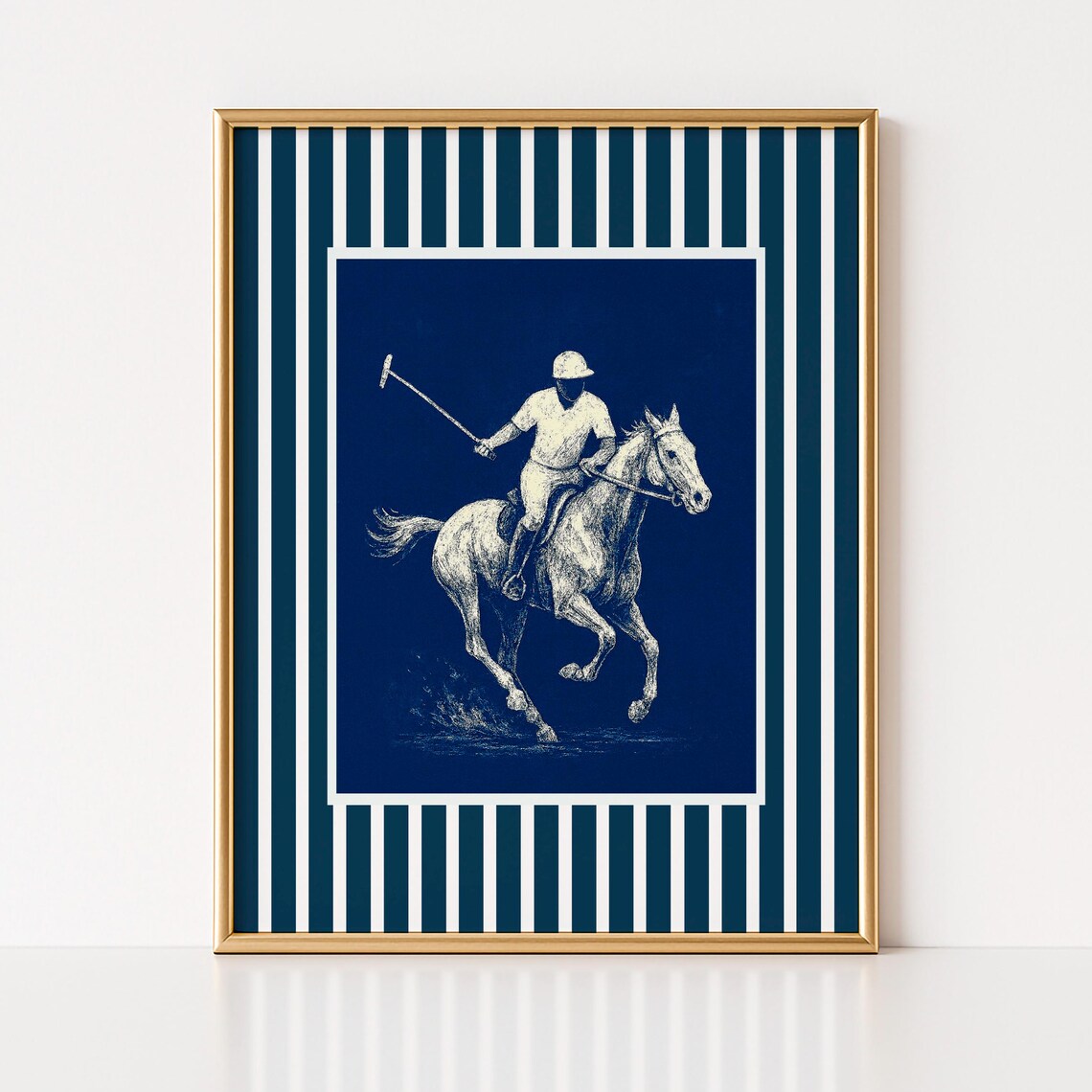 Vintage Polo Player Equestrian Navy Blue Striped Border Wall Art