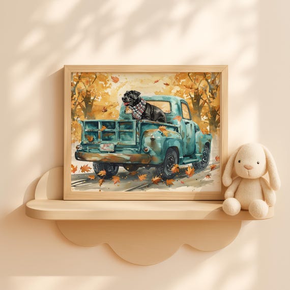 Black Lab In Plaid Scarf On Blue Truck Fall Dog Halloween Wall Art Kids Rustic Autumn Decor Pumpkin Patch Nursery Print