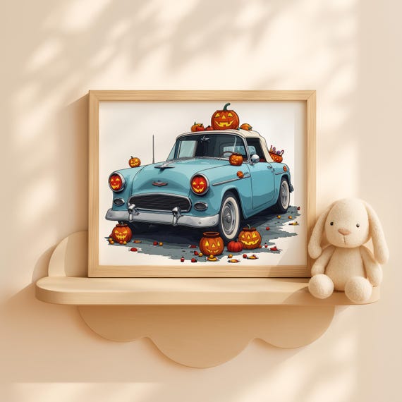 Halloween Convertible Car With Jackolantern Art Spooky Pumpkin Decor For Kids Cute Wall