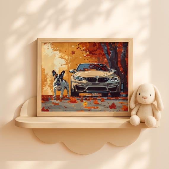 French Bulldog Puppies With Orange Car Painting Gouache Dog Art Print Fall Nursery Wall Decor Kids Room Animal Scene