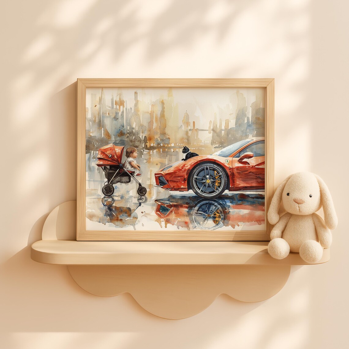Baby Girl in Stroller with Red Ferrari and Cat Watercolor Nursery Print
