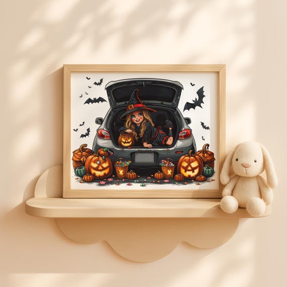 Halloween Trunk Or Treat With One Kid Wall Art Modern Car Fall Pumpkins Bats Night For Kids Room Decor