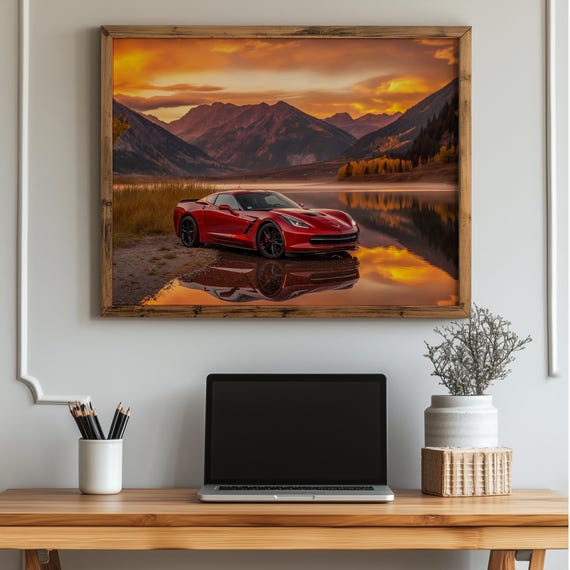 Sports Car Wall Art Print Golden Lake Drive Decor Autumn Mountains Landscape Fall Scenic Poster