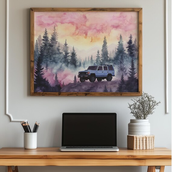 Pink Forest Car Print Moody Watercolor Landscape