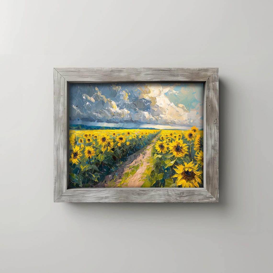 Sunflower Field Under Dramatic Sky Impasto Oil Painting Poster