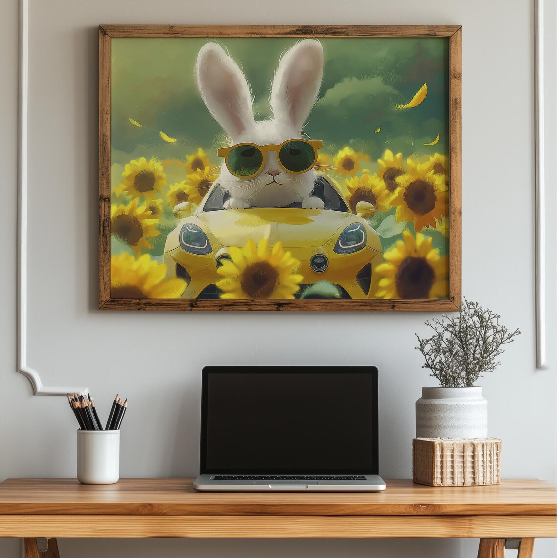 Bunny In Yellow Convertible Print Spring Animal Watercolor Art