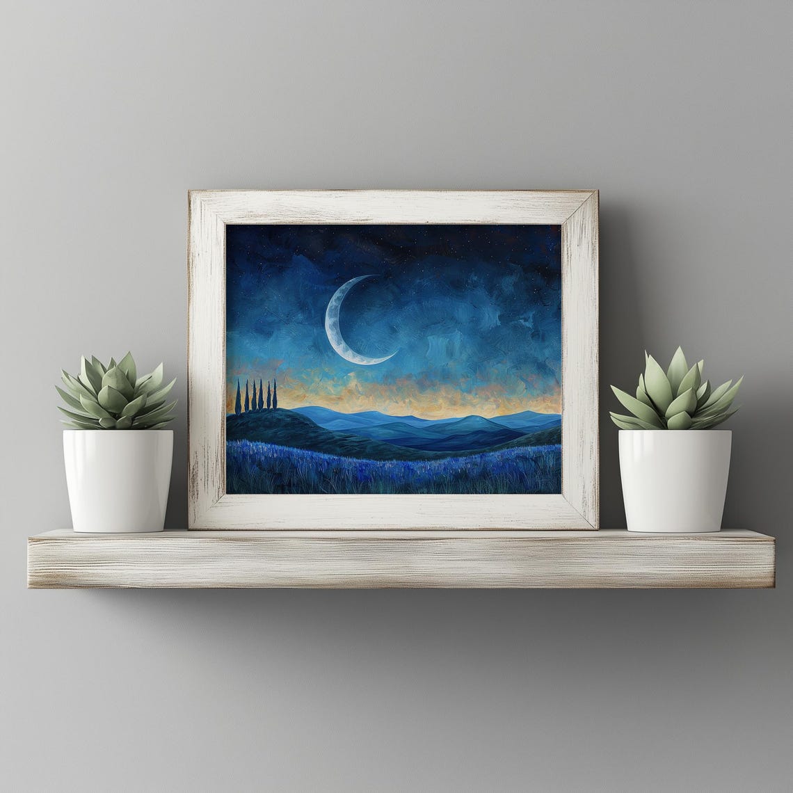 Crescent Moon Over Cypress Ridge Moody Night Landscape Twilight Forest Wall Art Blue Nocturnal Sky Dreamy Decor 36