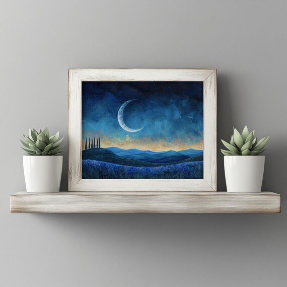Crescent Moon Over Cypress Ridge Moody Night Landscape Twilight Forest Wall Art Blue Nocturnal Sky Dreamy Decor 36