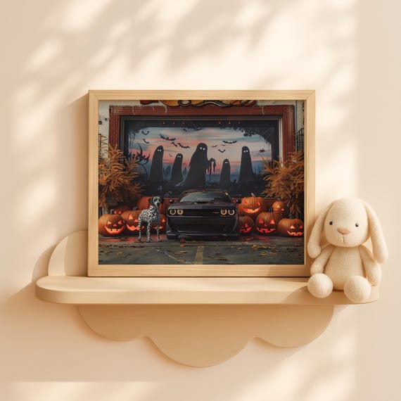 Halloween Drivein Scene Vintage Fall Wall Art Rustic Pumpkin Car Print Retro Autumn Decor Spooky Movie Night Poster