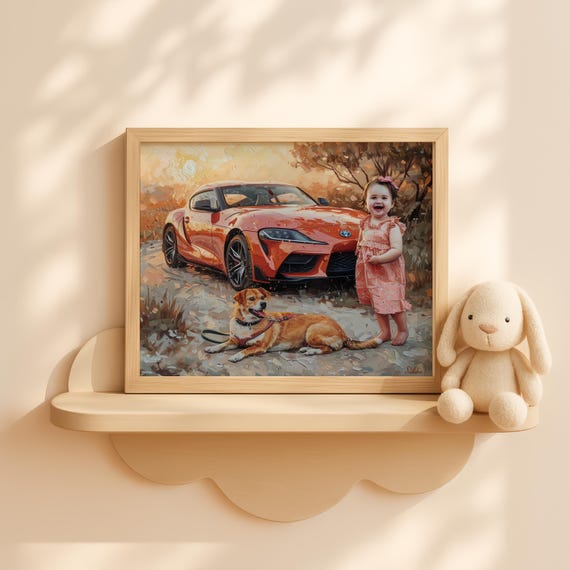 Baby Girl Smiling With Dog Fall Nursery Wall Art Joyful Child Painting Autumn Scene Print Kids Room Decor