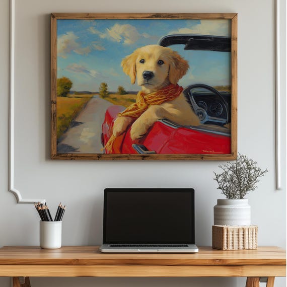 Golden Retriever Puppy Art Print With Red Vintage Car And Autumn Scarf Cozy Fall Dog Wall