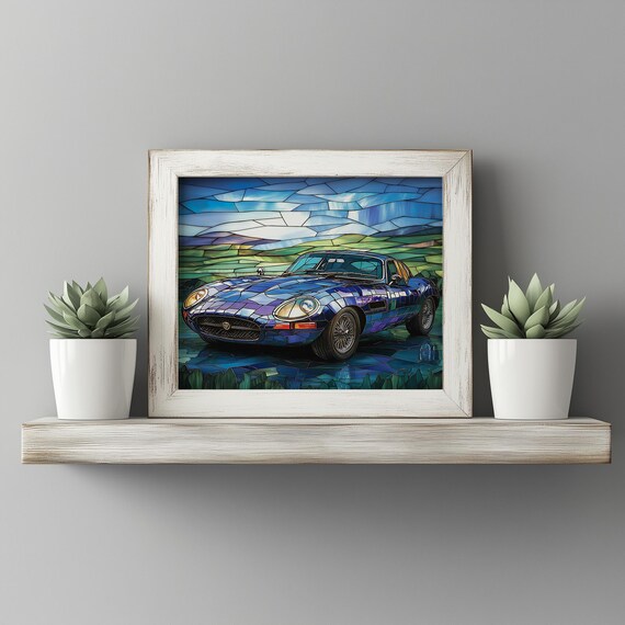 Stained Glass Sports Car Art Print Moody Ocean Sunset Wall Decor For Racing Enthusiasts