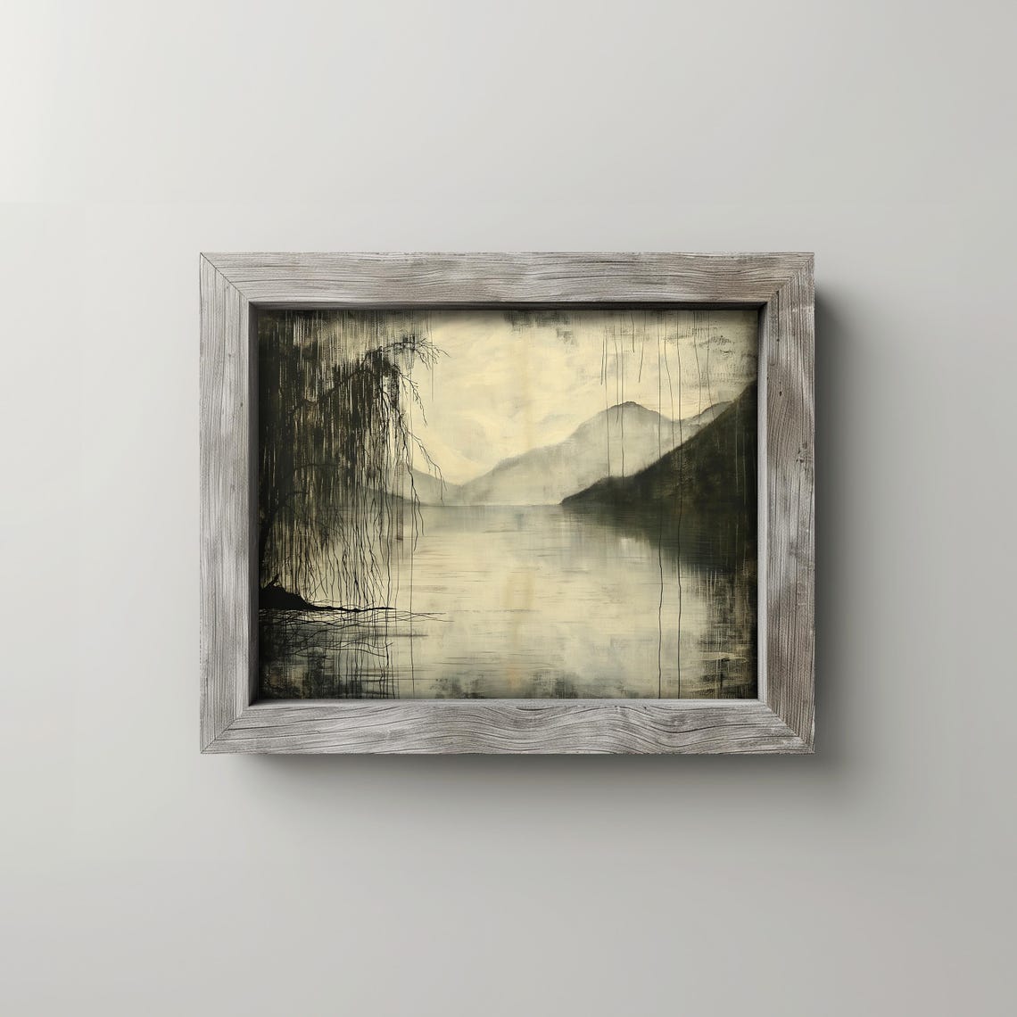 Willow Silhouette Over Misty Lakeside Layered Mountain Art Poster