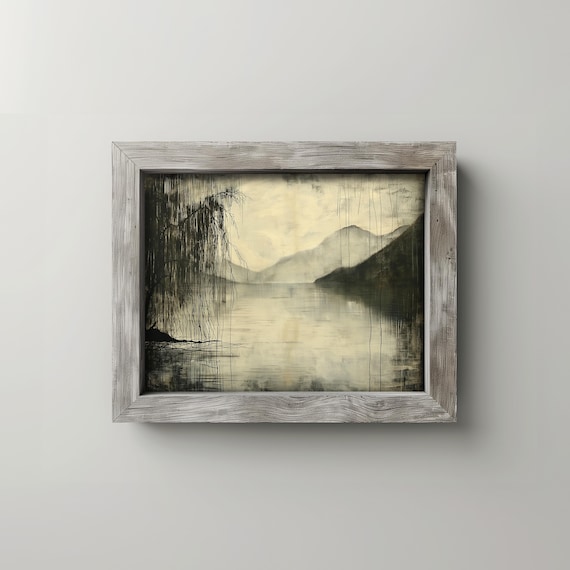 Willow Silhouette Over Oldworld Lakeside Layered Mountain Backdrop Moody Vintage Landscape Rustic Fall Wall Art 24
