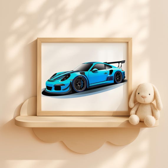 Nursery Racing Car Wall Art Blue Sports Vehicle Poster Baby Boy Room Decor Toddler Print