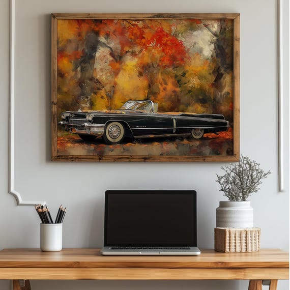Autumn Convertible Wall Art Vintage Fall Car Painting Black Classic Auto Under Red Trees Scenic Print