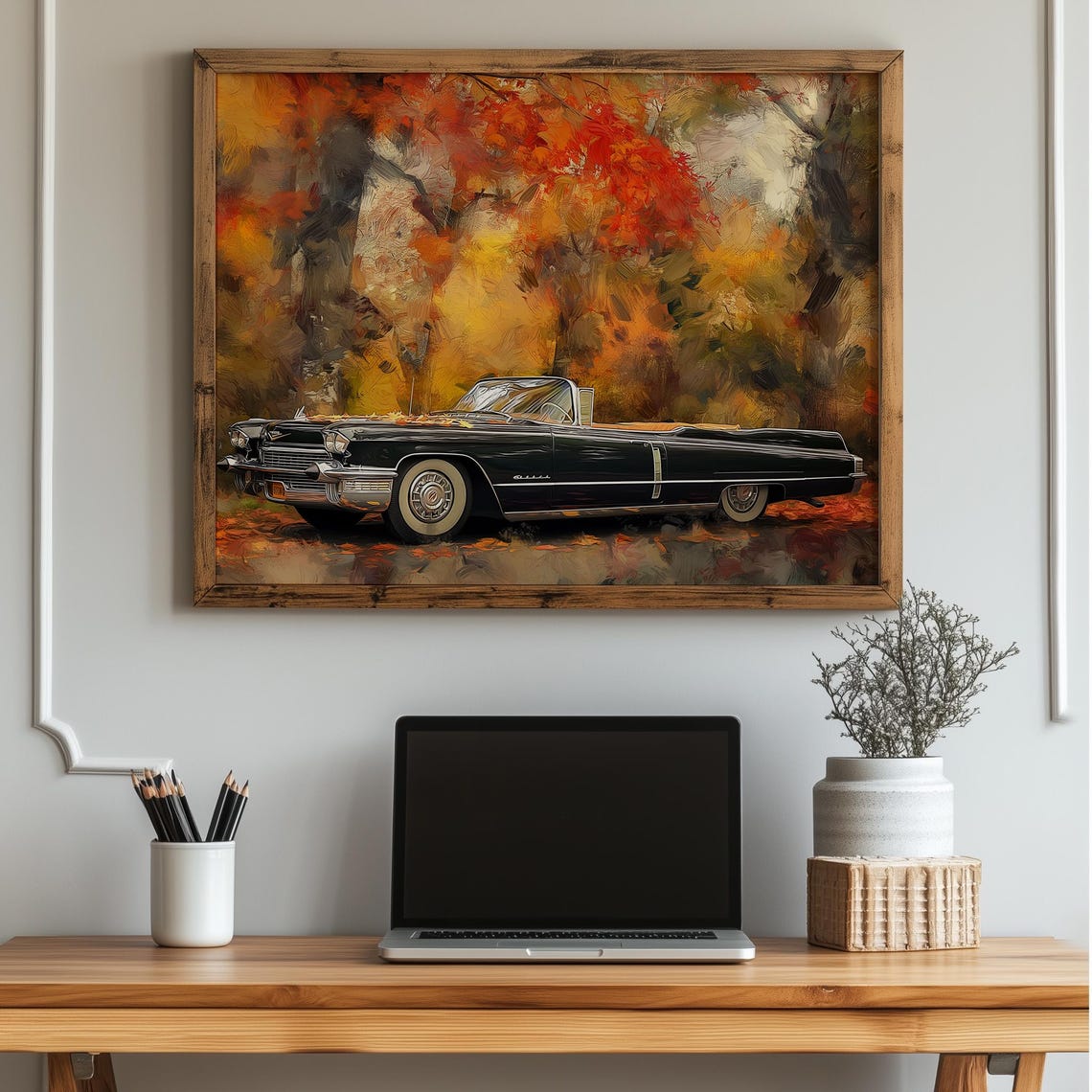 Autumn Convertible Wall Art Vintage Fall Car Painting Black Classic Auto Under Red Trees Scenic Print