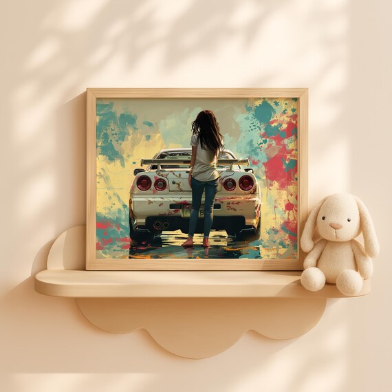 Girl Sitting On Rear Of Sports Car Sunset Drive Moody Art Long Hair Road Decor