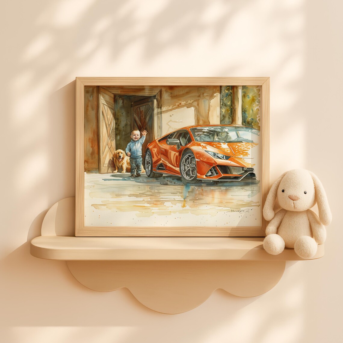Baby Boy With Dog And Supercar Watercolor Nursery Wall Art Autumn Car Painting Toddler In Driveway Scene Decor