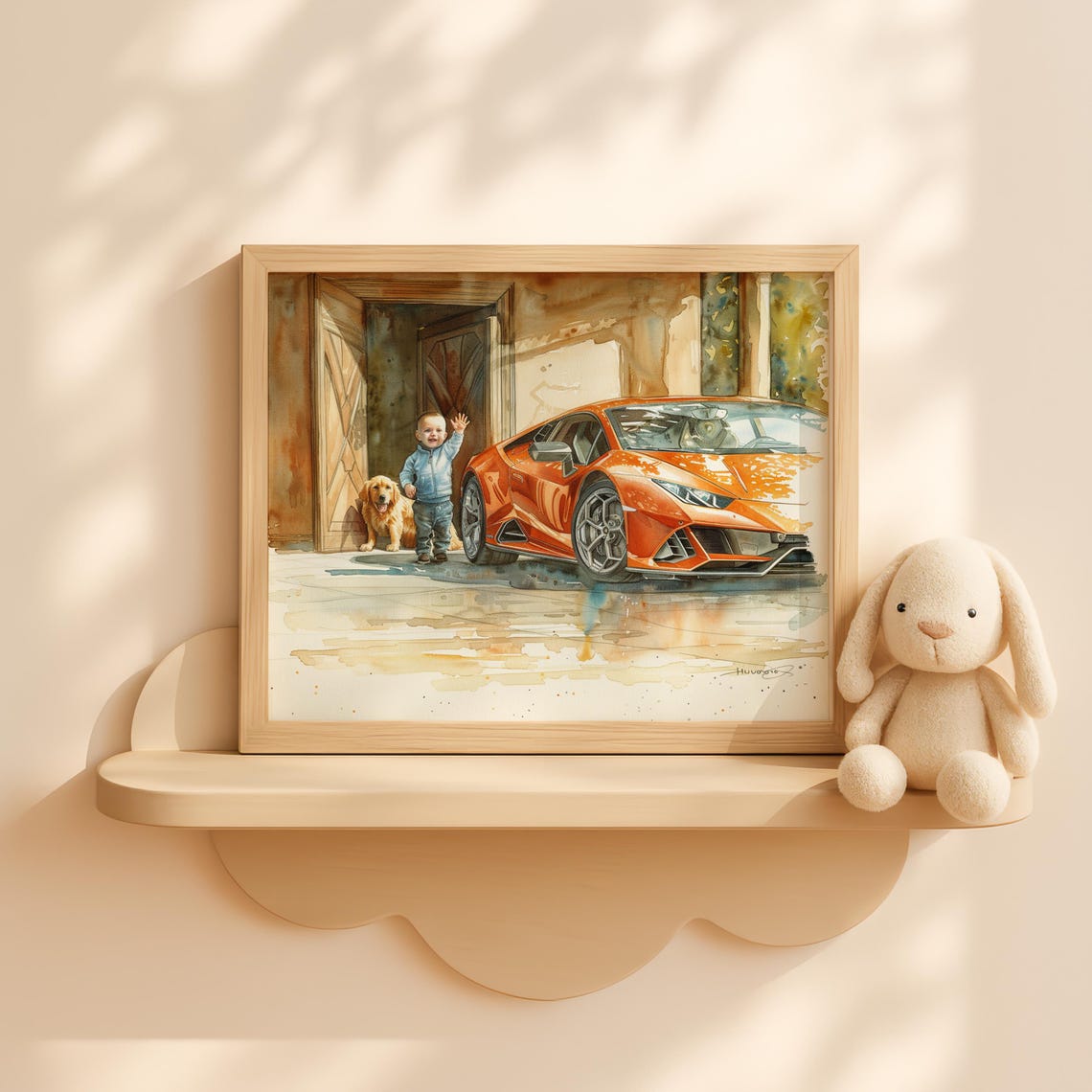 Baby Boy with Golden Retriever and Orange Lamborghini Nursery Print